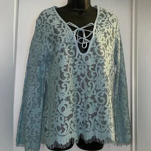 Karen Kane Ice Blue/Teal   Lace Up Bracelet Sleeve Top